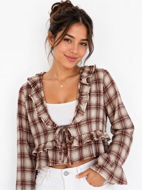 American Eagle Plaid Tie Front Ruffle Top XS NWT
